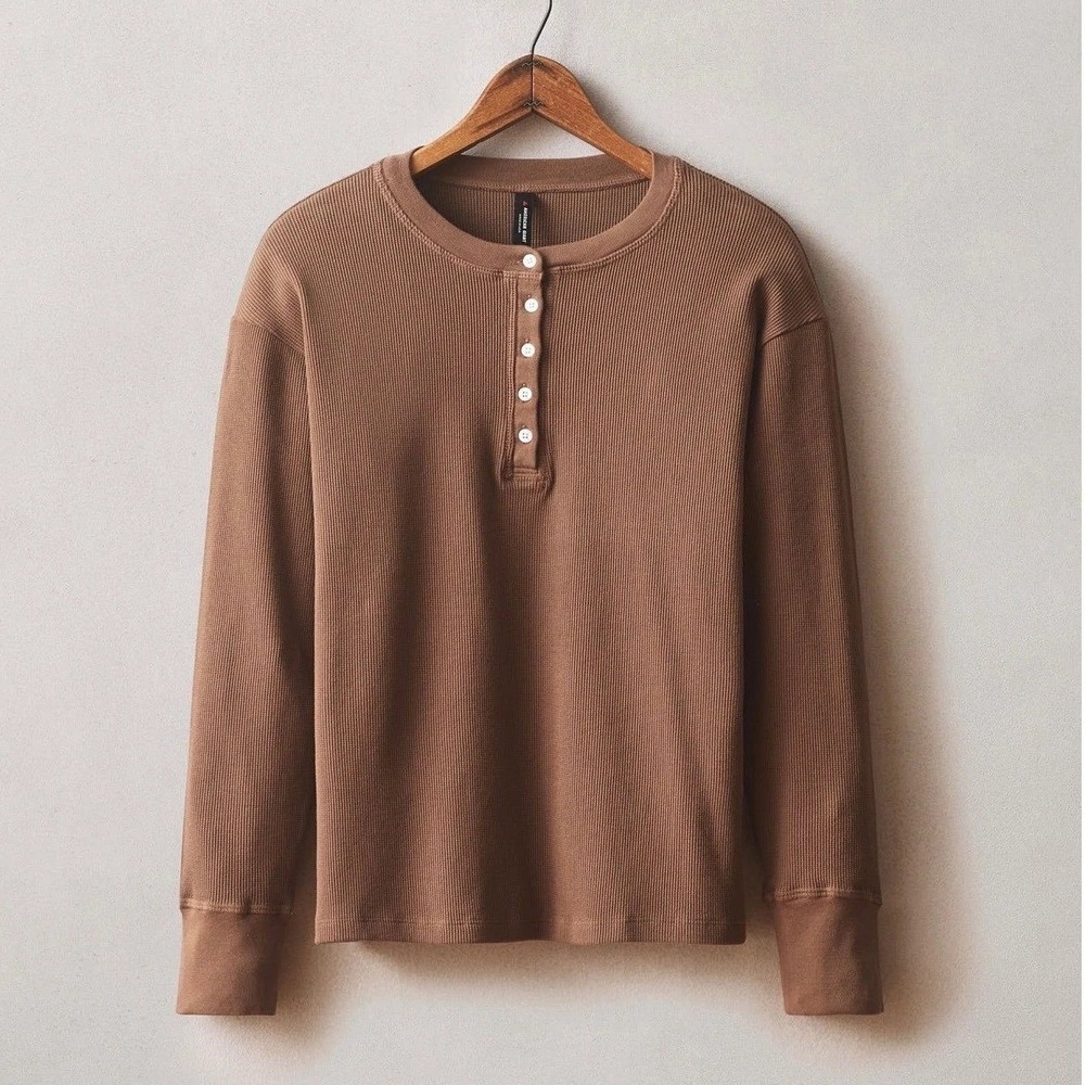 American Giant Henley Top Women M Silt Brown Waffle Knit Long Sleeve NWOT